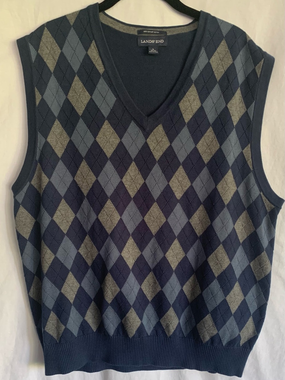Lands' End Men's Navy and Gray Argyle V-Neck Sweater Vest